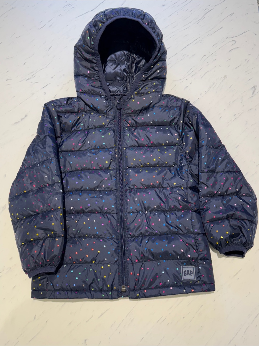 GAP Navy Hooded Puffer Jacket with Multicolor Shiny Heart Dots 4T LIKE NEW